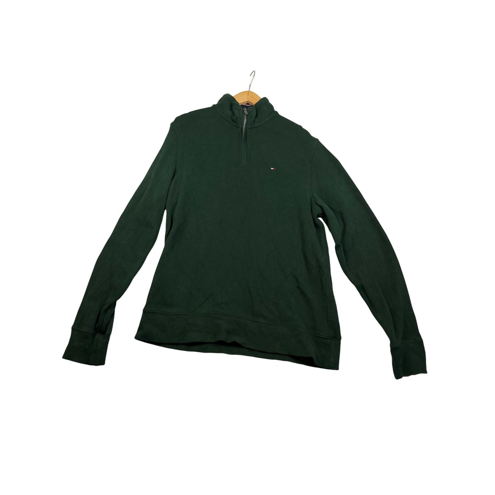 Tommy Hilfiger Mens Quarter Zip Pullover Hunter Green Cotton Mock Neck Medium